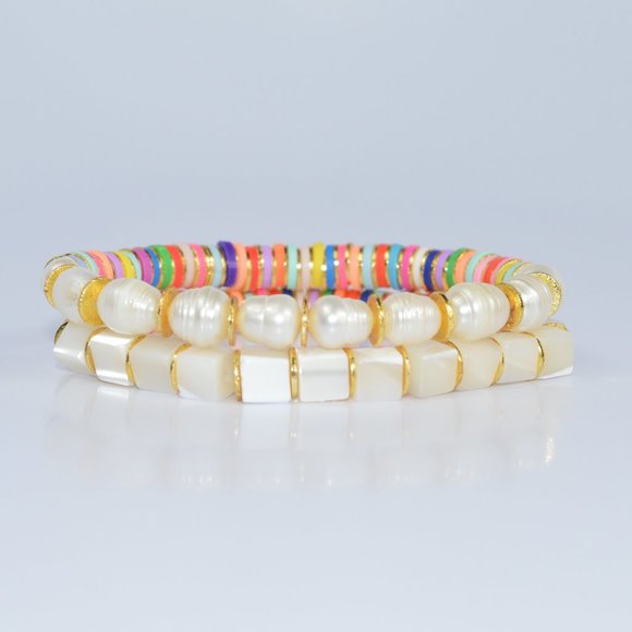 Heishi Pearl Trendy Gold Colorful Beaded Bracelet - Picture 1 of 4